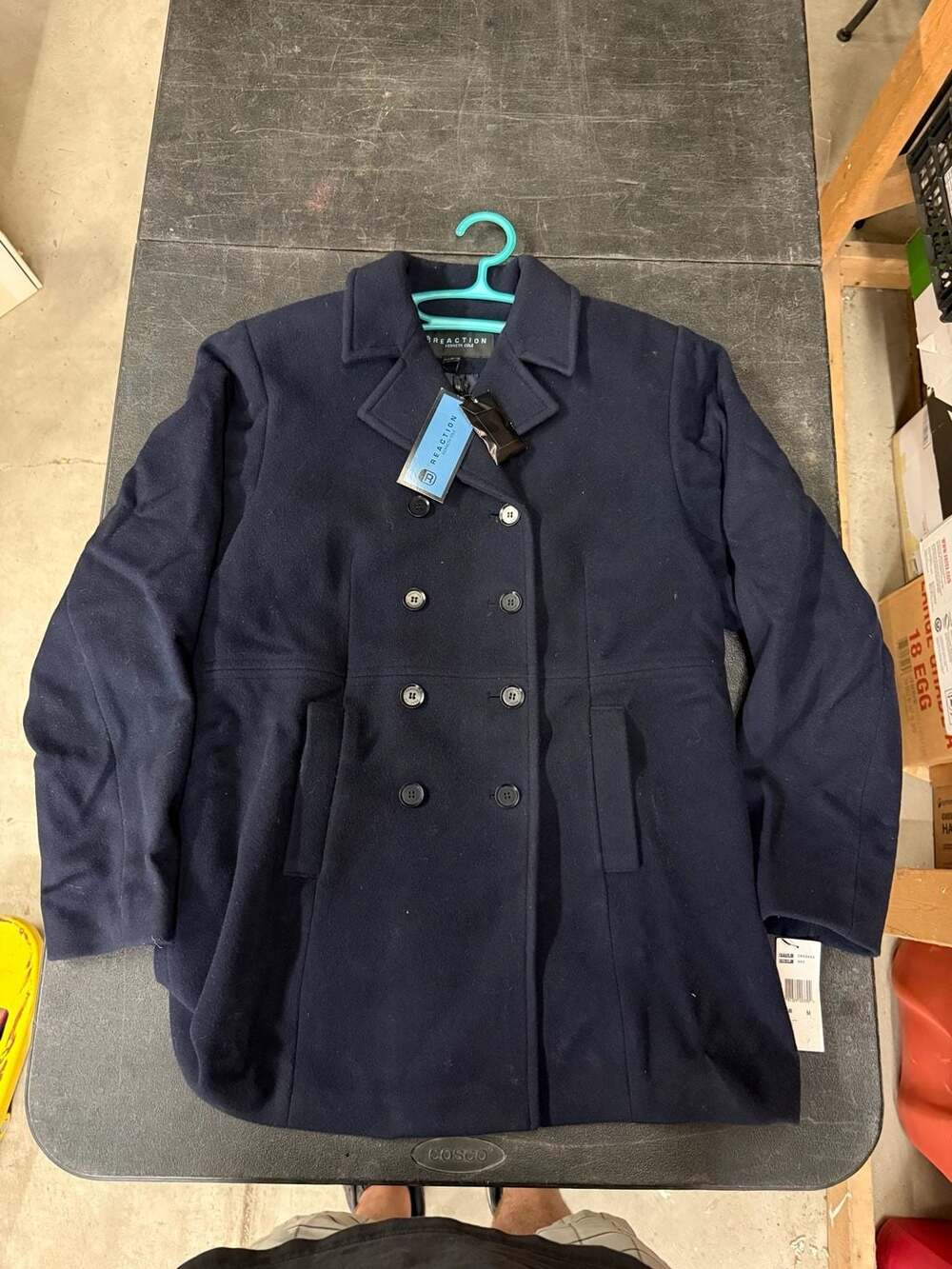 Kenneth Cole Reaction Navy Blue Wool Blend Double Breasted Pea Coat, Size M
